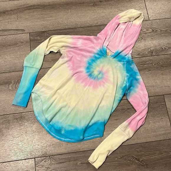 Chaser Pink Blue Yellow Tie Dye Hoodie With Thumbholes Size XS - Picture 2 of 4